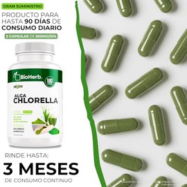BioHerb® | Alga Chlorella Orgánica 100% Pura – Superfood Natural con 180 Cápsulas de 500 mg (Suministro Para 90 Días) Alta Concentración de Clorofila,