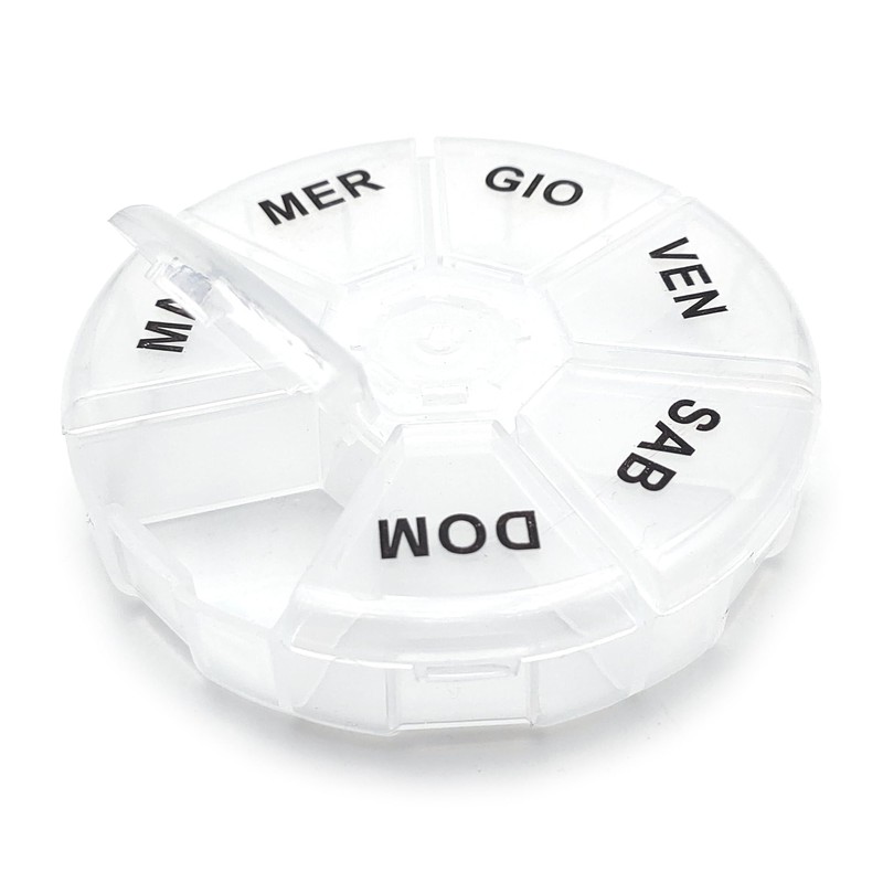Weekly Round Pill Box 8.5cm with Large Italian Writing -