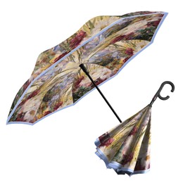 RainCaper Reverse Inverted (inside-out) Windproof Museum Tiffany Peonies and Iris Reverse-opening Upside Down Umbrella with C-shaped Handsfree Handle
