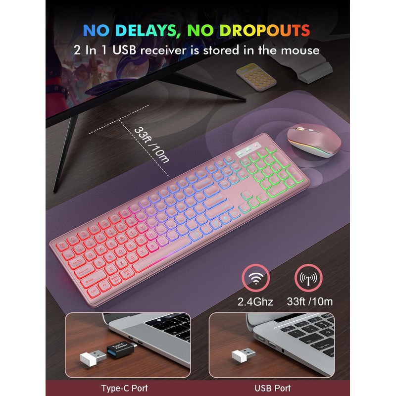 Wireless Keyboard and Mouse Combo - RGB Backlit, Rechargeable &
