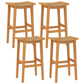 COSTWAY Outdoor PE Rattan Saddle Stools Set of 4, Backless Wooden Bar Stools with Acacia Wood Footrests, Armless Bar Height Chairs for Balcony Garden Patio Bistro Kitchen Island