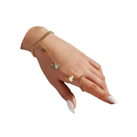 INENIMARTJ Ring Bracelet Hand Harness Chain for Women Butterfly Star Moon Chain Bracelet With Rings Boho Tassel Chain Crystal Bracelet Slave Finger Ring Bracelet (D)