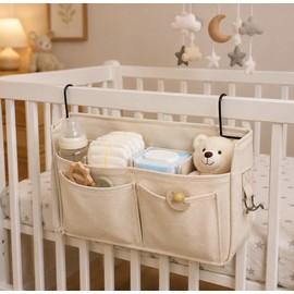 Bedside Storage Caddy for Bunk Beds & Baby Cribs – Hanging Bedside Organizer with Hooks for Books, Tablets, Phones & Dorm Essentials