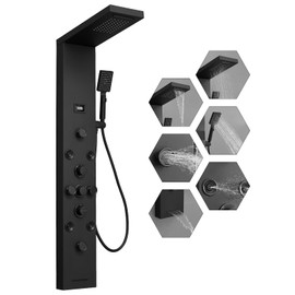 Greenspring Shower Panel Tower System, Stainless Steel Multi-Function Shower Panel, Shower Tower with 5 Body Jets Handheld Shower Wand Tub Spout and Rainfall Head Temperature Display, Black