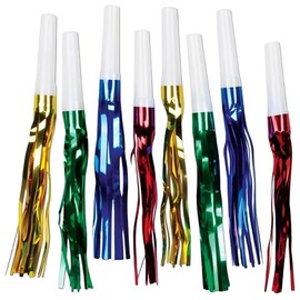 Fringed Squawker Blowouts (8ct) - Assorted Colors Plastic & Foil - Perfect for Birthdays, New Year's, Surprise Parties, Mardi Gras & More