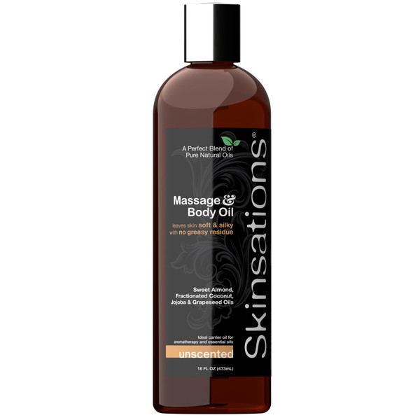 Skinsations - Natural Massage & Body Oil - Unscented 16oz | Relaxing, Sore Muscle Aromatherapy, Edible Sweet Almond Blend with Fractionated Coconut, Grapeseed, Jojoba Oils, Soothes Dry, Sensitive Skin