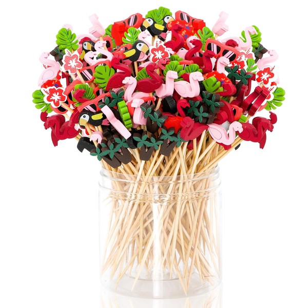 120 PCS Cocktail Picks Bamboo Toothpicks Pineapple Flamingo Beach Cactus