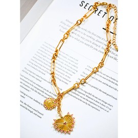 Chmnigma Chunky Gold Heart Necklaces for Women 18K Gold Plated Charm Necklace Sun Pendant Chain Jewelry. (Pink)