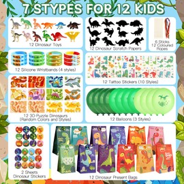 Pack of 84 Dino Party Bags Children's Birthday Party Bags with Mini Dino Scratch Paper 3D Puzzle Game Dino Silicone Bracelets Balloons Dinosaur Party Small Gifts for Children