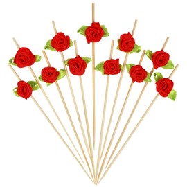 Minisland Red Rose Flower Cocktail Picks, 4.7 Inch Long Bamboo Fancy Toothpicks for Appetizers, Decorative Bridal Wedding Valentines Party Food Drinks Garnish Fruit Skewer Sticks 100 Counts - MSL220