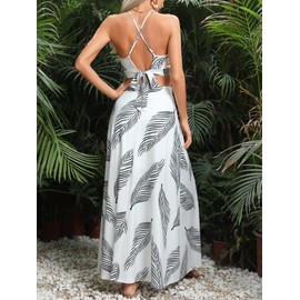 Verdusa Women's 2 Piece Outfits Beach Vacation Outfits Tropical Print Tie Back Cami Top and Split Maxi Skirt Set White Medium