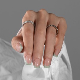 KQueenest Mint Green French Tip Press On Nails Short Square, 30 Pcs Acrylic Press On Nails With Glue, Natural Nude Short Fake Nails Press ons, Reusable Glossy Soft Gel Glue on Nails for Women Summer