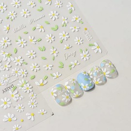 Dedyel Small Daisy Spring Flower Nail Art Stickers 5D Embossed Wildflower Nail Stickers Spring Summer White Flower Design Nail Art Decoration for Women Girls Children