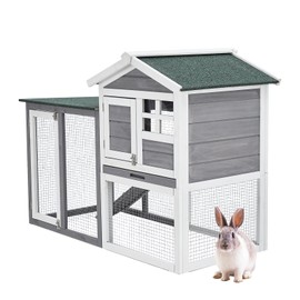 GarveeLife 48" Wooden Rabbit Hutch for Small Animals, 2 Lockable Doors Animal Enclosure with Weather-Resistant Small House & Open Courtyard, Outdoor Bunny House with Wire Fence and Cleaning Tray