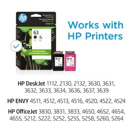 HP 63 Black, Tri-Color Ink Cartridge Printers (2-Pack), Works with DeskJet 1112, 2130, 3630 Series; Envy 4510, 4520; OfficeJet 3830, 4650, 5200, Eligible for Instant Ink, L0R46AN