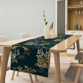 JanJCurt Camino de mesa de paisaje chino, estilo clásico oriental, diseño de plantas de puente blanco dorado con estampado de hojas para el hogar, cocina, mesa de comedor, día festivo, fiesta,