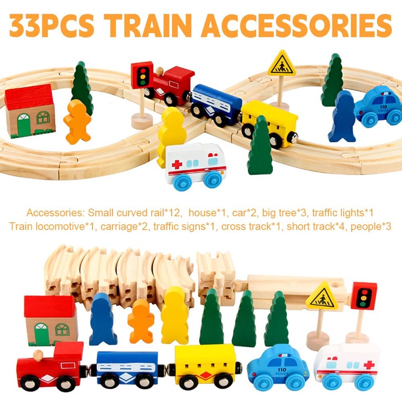 Hojalis Wooden Railway Set, 35 Pieces Railway, Electric Locomotive Wooden