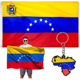 MOKARTA Venezuela Flag Set with 7 Stars and Tricolor Venezuelan Map Keychain - Large 3ft x 5ft Flag, Includes PVC Keychain - Perfect for Celebratory Events, Concerts, and Demonstrations