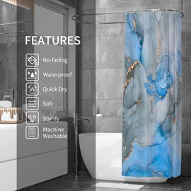 Gibelle Small Stall Shower Curtain 36 x 72, Narrow Half Abstract Blue Grey Marble Shower Curtain, Modern Ink Art Waterproof Fabric Shower Curtain Set with Hooks