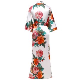 BABEYOND Women's Kimono Robe Long Satin Silky Floral Lightweight Bridesmaid Wedding Bachelorette Party Robe, White, One Size