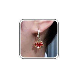 Atentuyi Boho Red Crystal Drop Earrings Gold CZ Hoop Earrings Maple Leaf Dangle Earrings Vintage Gem Ruby Earrings Jewellery for Women and Girls, Crystal