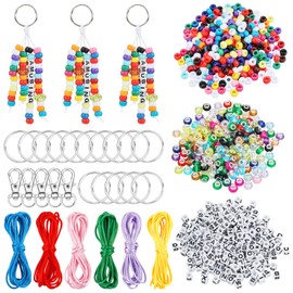 BEEFLYING 750 Pcs DIY Bead Keychain Kit Key Chain Making Crafts Letter Beads Strings Adjustable Alphabet Key Ring Jewelry Backpack Accessories Holiday Party Festival Favor Gift (Mixed Colors)