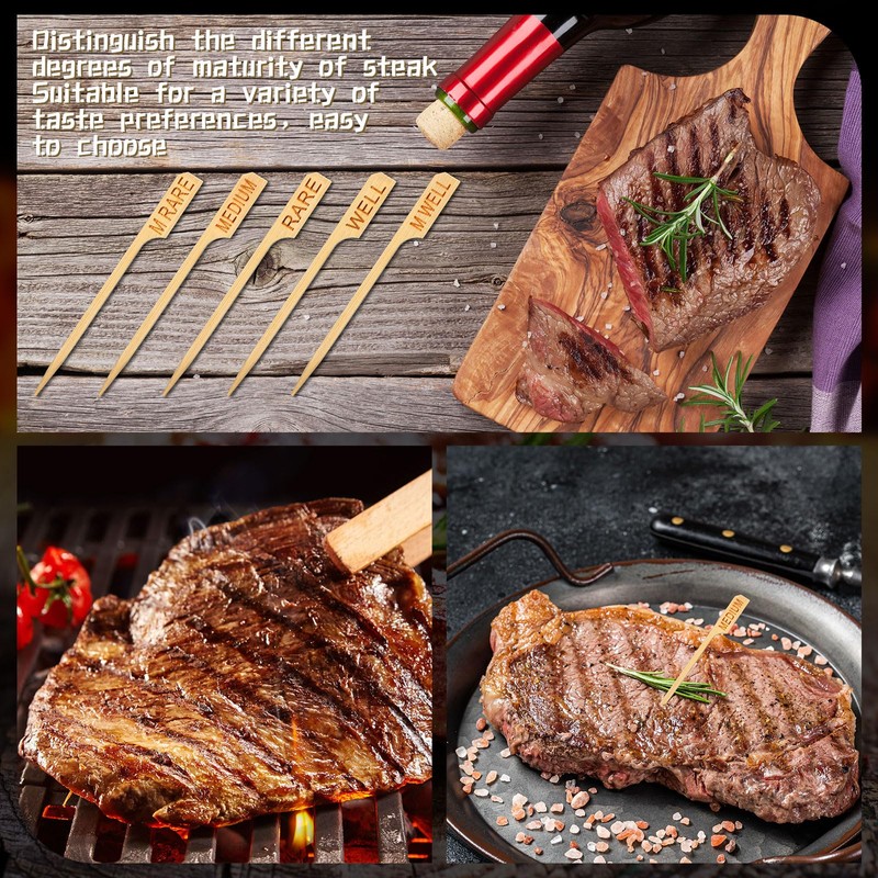 Soaoo 500 Pcs 3.5" Assorted Bamboo Wood Temperature Picks Steak