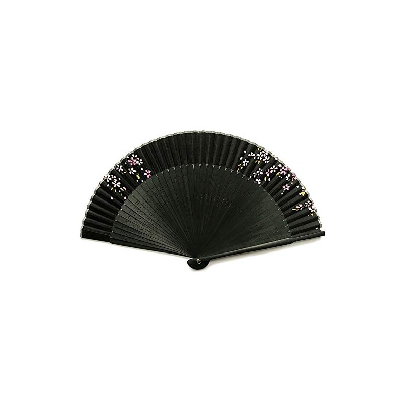 Hana-Kanzashi Women's Silk Fan, Cherry Blossom Pattern, Black, Lady’s Length,