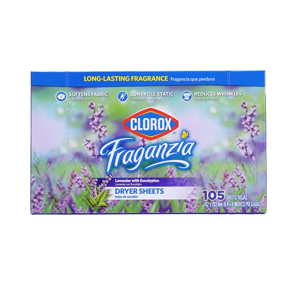 Clorox - BB0191 Fraganzia Fabric Softener Dryer Sheets | Scented Laundry Dryer Sheets for Great Smelling Clothes |Beautiful Lavender Scent Laundry Sheets, 105 Count