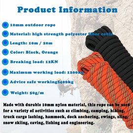 10mm Rope, Multipurpose Rope, Durable Outdoor Cord for Camping, Hiking, Outdoor Adventures, Boating, Fishing, DIY Crafts, and Home Projects (Black, 10m)