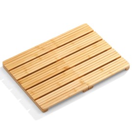 Foldable Bamboo Bath Mat for Shower, 19.68" x 14.17" in Non-Slip Wood Bathroom Rug, Quick-Dry Waterproof Carpet for Indoor Outdoor Use by Sink, Tub, Pool