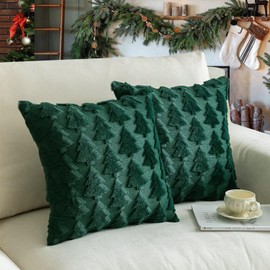 Christmas Pillow Covers 20'' x 20'' Set of 2, Soft Faux Rabbit Fur 3D Embroidery Christmas Tree Throw Pillow Covers for Holiday Christmas Decor Sofa, Couch, Invisible Zipper, Skin-Friendly