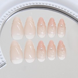 Press on Nails Short Almond French Tip SWEKKE Fake Nails 5D Flower False Nails with Pearl Designs Full Cover Cute Acrylic Glossy Glue on Nails Stick on Nails Artificial Nails for Women Girls 30Pcs