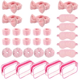 30Pcs Spa Sleepover Party Supplies, Pink Bulk Favor Set with Bow Facial Headband Pink Plush Sleep Eye Mask Cosmetic Bags Hair Scrunchies Wristbands for Women Girls Makeup Slumber Party Essentials