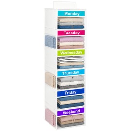 Weekly Clothes Organizer for Closet, 6-Shelf Hanging Closet Organizer with 6 Side Pockets(White)