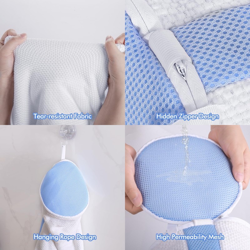 Shoe Washing Bag - White with Blue Mesh, Pair of