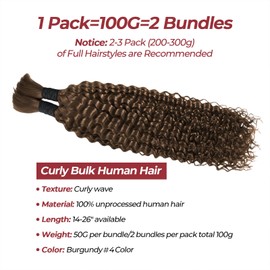 Human Braiding Hair for Boho Braids #4 24 Inch 100% Deep Wave Bulk Human Hair for Boho Knotless Braids 2 Bundles 100g(#4,24inch)