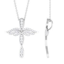 Rosec Jewels Certified Moissanite Designer Cross Necklace, D-Vs1 Quality, Angel Wings Cross Pendant With Silver Chain - Ready To Gift, 925 Sterling Silver, With Chain