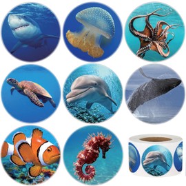 Hohamn 600Pcs Round Sea Animals Stickers Roll 1.5 Inch Ocean Life Label Stickers for Kids Party Favors Teacher Reward Encouragement Motivational Stickers