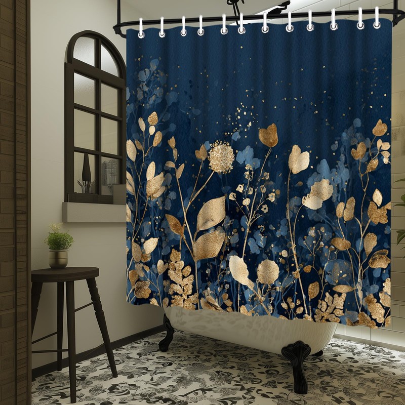 LeAquaNook Navy Blue Shower Curtain Dark Blue and Gold Leaf