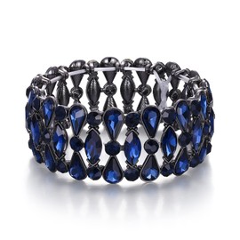 BriLove Wedding Bridal Bracelet for Brides, Teardrop Rhinestones Cluster Stretch Bangle for Women Sapphire Color Black-Tone