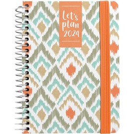 Grafoplás | 2024 A6 Annual Diary | Blurred Orange Design | Spanish | Day Page | 10.5 x 16.5 cm | Spiral Bound | Hard Cover Lined in Printed Fabric | Elastic Closure