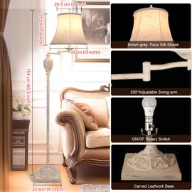Traditional LED Floor Lamp with 350° Adjustable Swing Arm Lamp – Vintage Pole lamp Swing arm for Living Room, Bedroom and Office – Rustic Upright Floor Light for Home Décor with Faux Silk Fabric Shade