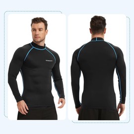TERODACO Rash Vest Mens Long Sleeve Swimming Shirts for Men UV Sun Protection Compression Wetsuit Top Mens Diving Surfing Rash Guard Base Layer,Fast Dry Stretchy Breathable 226 Black Blue XL