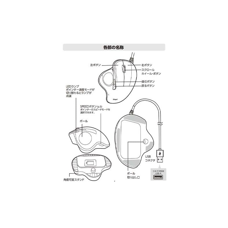 Nakabayashi MUS-TUIF181W Digio 2 Trackball Mouse Angle-Adjustable Wired 5 Buttons