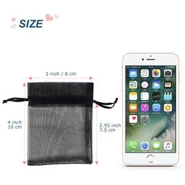 YQL Black Organza Gift Bags, 100PCS 8X10cm Small Mesh Jewelry Pouches Party Favour Bags with Drawstring for Wedding Baby Shower Christmas, Black Organza Bags for Bracelet Packaging, Jewellery Bags