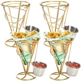 Peohud 4 Pack French Fry Holder, Chip Cone Basket with Sauce Cups, Metal Wire French Fries Stand Display Rack for Fried Chicken, Snack, Appetizer, Kitchen, Restaurant, Buffet, Party, Gold