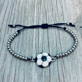 Soccer Bracelet, Soccer Jewelry, Adjustable Silver Beads on Black Strings Soccer Bracelet, Soccer Gifts For Women, Teens and Girl, 5 inches with 2 inch adjustable clasp, Nylon, no gem