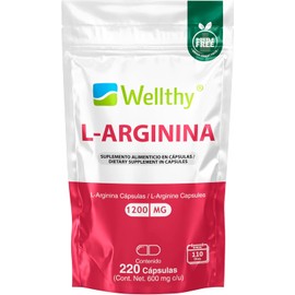 Wellthy L-Arginina 1200mg 220 Caps. 100% Pura y Natural, 110 Porciones por Envase, Alta Pureza con Certificaciones Internacionales, Bottle Free