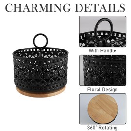 Gzsekken 360° Rotating Utensil Holder 4 Compartment Black Metal Cutlery Holder for Party, Picnic or Camping, Cutlery Caddy with Wooden Base, Utensil Pot for Kitchen Storage & Organisation